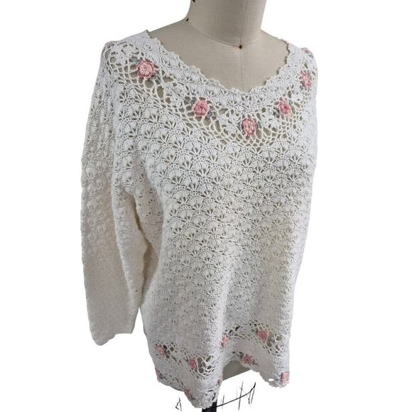 Shenanigans Hand Knit  Cotton Scallop Stitch Rosette Sweater 3D L Cottage Core - Picture 3 of 5